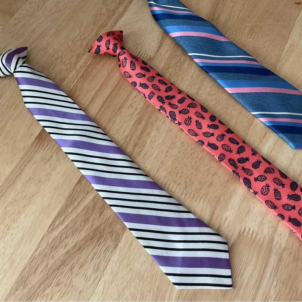 Lot x3 Boys Neck Tie Youth Clip On Striped Pineapple Print Purple Blue Pink M/L